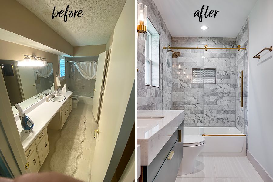 A before & after image of the renovation of a secondary bathroom.