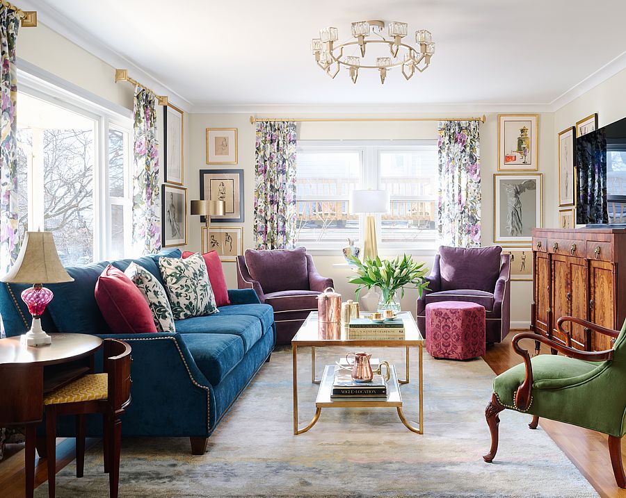 The mixture of jewel tones in this living room make is a candidate for cottagecore.