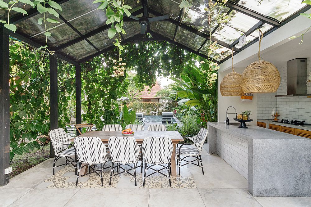 Eating al fresco is part of Texas living and can be enjoyed year round especially with a vine covered shelter.
